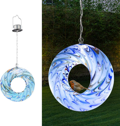 VCUTEKA Bird Feeder Solar Fly Through Bird Feeders for Outside Hanging with Round Shape Glass Container to Attract Wild Birds for Garden Decor, Solar Birdfeeder as Gift for Lovers, Light Blue 8-Inch