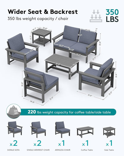 SERWALL HDPE Patio Furniture Set, 7-Piece Outdoor Sectional Sofa Set, All Weather Outdoor Couch Set for Deck, Lawn, Grey Frame with Grey Cushion