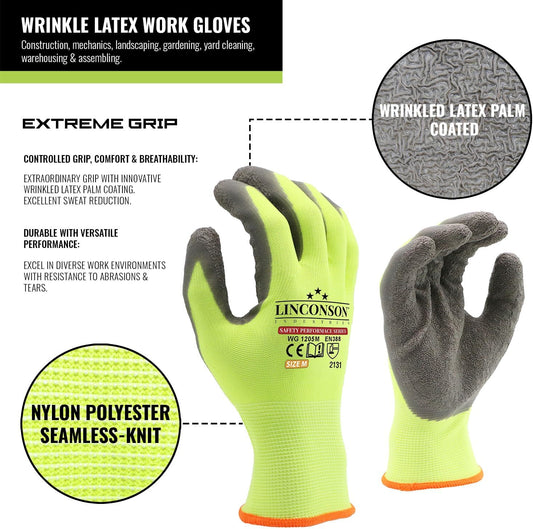 linconson 12 Pack Safety Performance Series Construction Mechanics Wrinkle Latex Work Gloves
