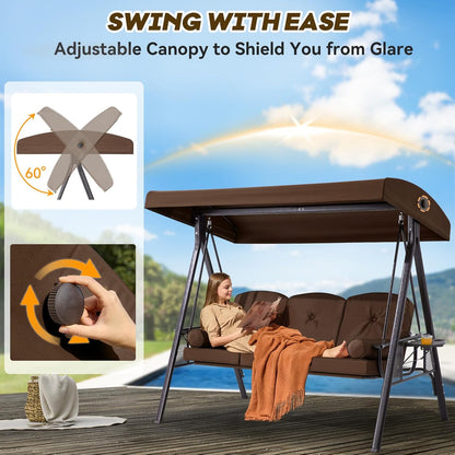 3 in 1 Outdoor Porch Swing with Canopy, 3 Seat Outdoor Swing for Adults, Patio Swing Chair with Thickened Cushions,Pillows & Cup Holders for Backyard, Porch, Garden (Brown)