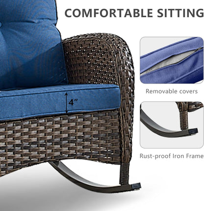 HUMMUH 5 Pieces Wicker Patio Furniture Set,Outdoor Rocker Chairs,Patio Ottomans,Glass Top Side Table,Outdoor Conversation Set for Porch Deck Backyard Poolside