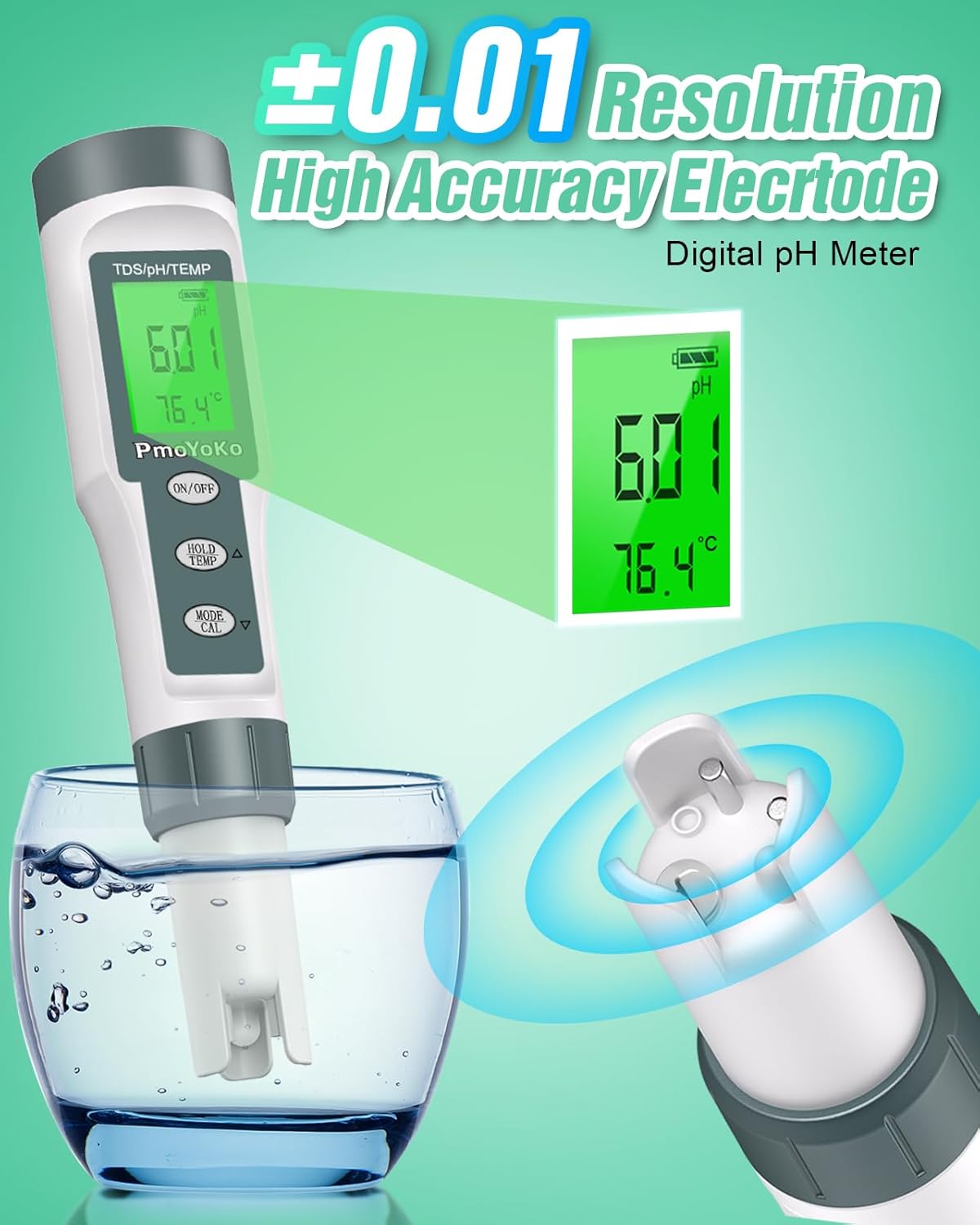 pH Meter, Digital PH Tester Pen 3 pH Calibration Powders ±0.01 pH Accuracy Pocket Size, Lcd display for Household Drinking, Pool and Aquarium