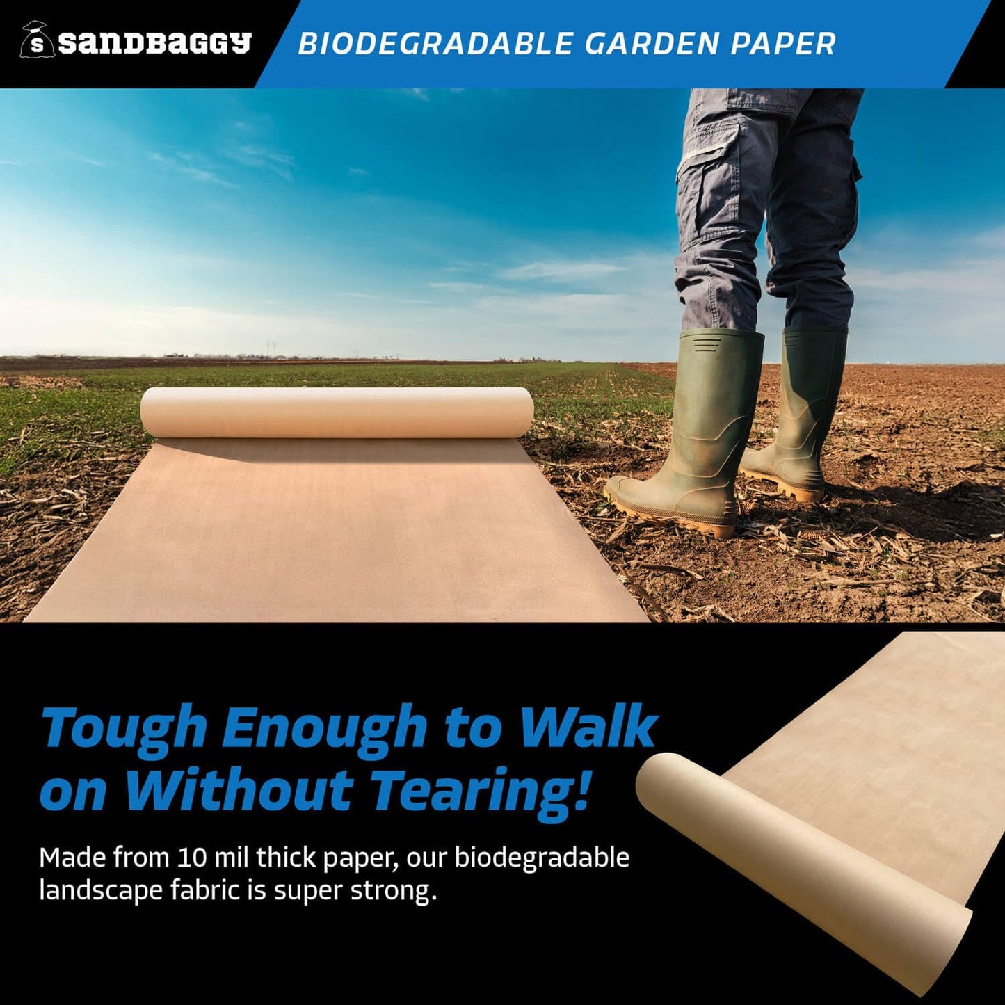 Sandbaggy Biodegradable Landscape Fabric - Garden Paper for Weeds - Paper Mulch Rolls - Made in America (4 ft x 50 ft, 1)