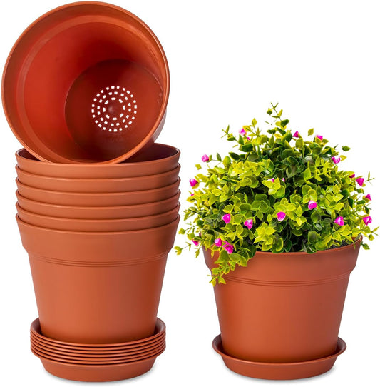 homenote Plant Pots,7.5 Inch Flower Pots for Plants Plastic Planters for Indoor with Multiple Drainage Holes and Trays, for All Home Garden Flowers Succulents,Outdoor(Terra Cotta,8 Pack)