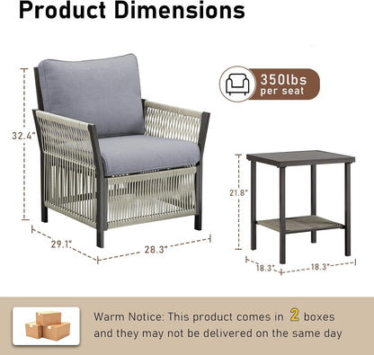 Patio Furniture Wicker Outdoor Conversation Set, 3-Piece All Weather Patio Furniture Rattan Rocking Sets with Removable Cushions & Side Table for Backyard, Balcony and Deck, Dark Grey