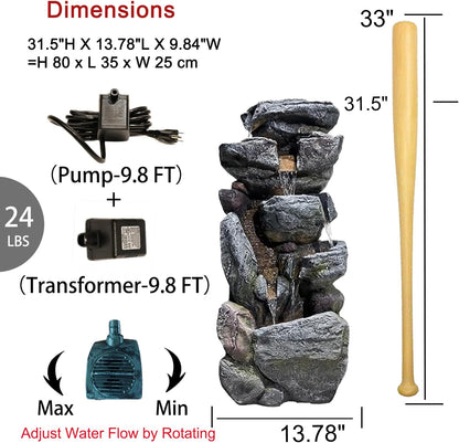 Water Features Outdoor Patio 6-Tier Cascading Rock Water Fountain 31.5''Water Fall Fountain Outside Resin Fountain with Light Mossy Rock Floor Garden Fountain Indoor for Relaxation Home Decor