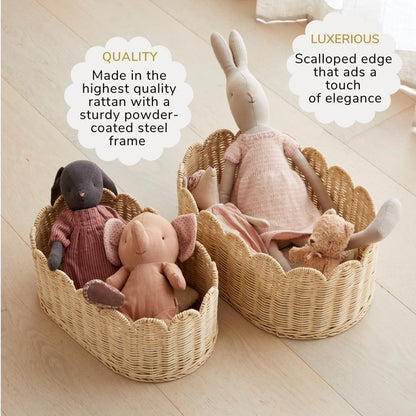 BEBE BASK Premium Scalloped Basket Set Of 2 - Scallop Basket - 16 x 10 x 7 Inch - Hand-Woven Elegant Wicker With Scalloped Edge - Nursery Storage (Natural)
