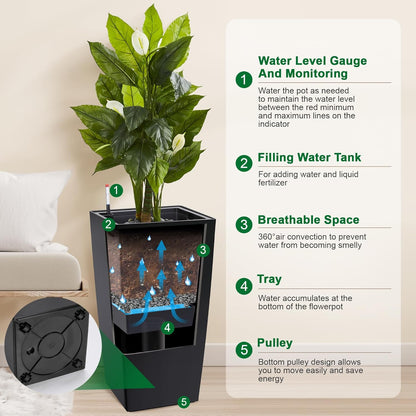 30" Tall Planters Set of 2, Outdoor＆Indoor Black Planter Pots, High Front Porch Planter Pots with Drainage Holes＆Water Level Monitor Movable Wheels ＆Inner Bucket, Automatic Watering,Black
