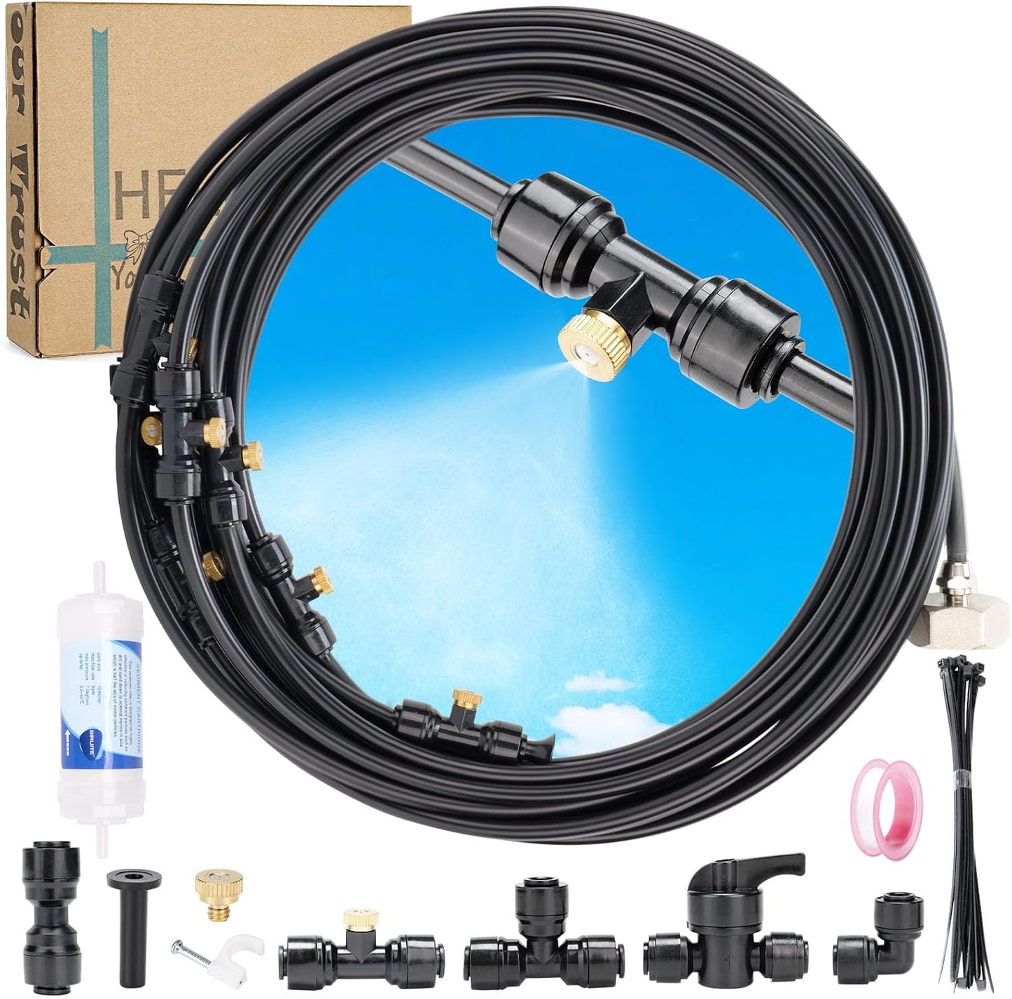 Misters for Outside Patio, 88ft Misting Line + Filter + 37 Brass Misting Nozzles +Brass Adapter(3/4") Misting System for Garden, Greenhouse, Trampoline and Chicken Coop