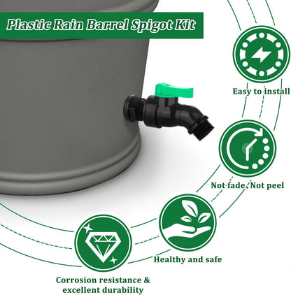 Plastics Rain Barrel Spigot Kit High Flow Valve Core Water Tank Faucet+PVC Bulkhead Fitting 1/2" NPT to 3/4" GHT Rain Barrel Spigot for Plastic Bucket Rainwater Drum Container Downspout Collector in