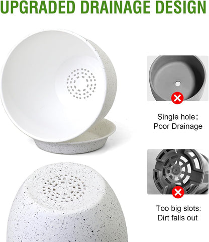 9/8/7.5 inch Flower Pots, Set of 3 Modern Decorative Plastic Planters with Drainage Holes and Saucers for Garden House Plants, Plant Pots for Indoor Outdoor Plants, Speckled White