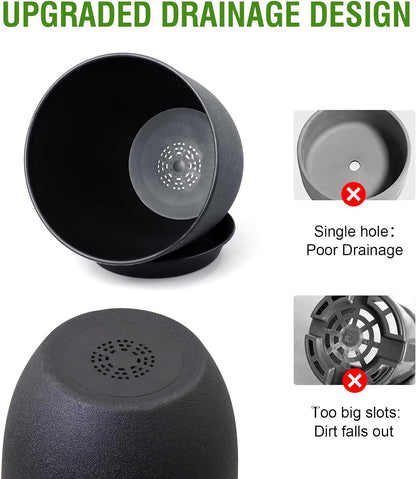 9/8/7.5 inch Plant Pots, Set of 3 Modern Decorative Plastic Planters with Drainage Holes and Tray, Flower Pots for Indoor Outdoor Plants, Black