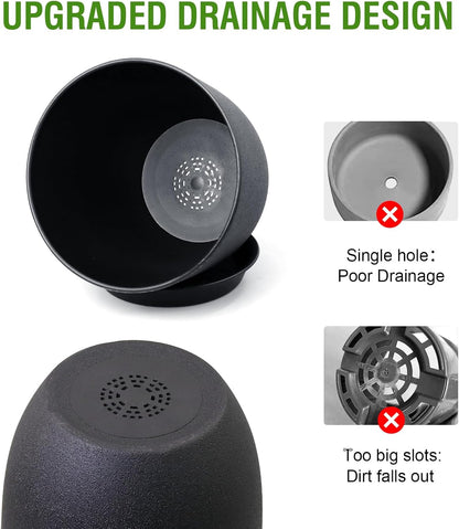 12/10/9 inch Big Flower Pots, 3 Pack Modern Decorative Plastic Planters with Drainage Holes and Tray, Plant Pots for Indoor Outdoor Plants, Black
