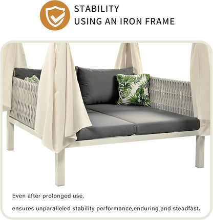 Polibi Outdoor Patio Sunbed with Beige Curtains,Outdoor Sun Lounger Bed with Pillows,Rubber Core Rope Weaving Outdoor Double Chaise Lounge Suitable for Pool,Garden,Gray+Beige