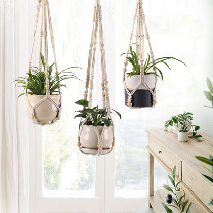 3-Pack Macrame Plant Hanger Indoor - Hanging Planter Basket for Indoor Outdoor - Decorative Boho Plant Holders Set with Beads - Ceiling Flower Pot Holder with 6 Hooks - 35"/30"/24" White