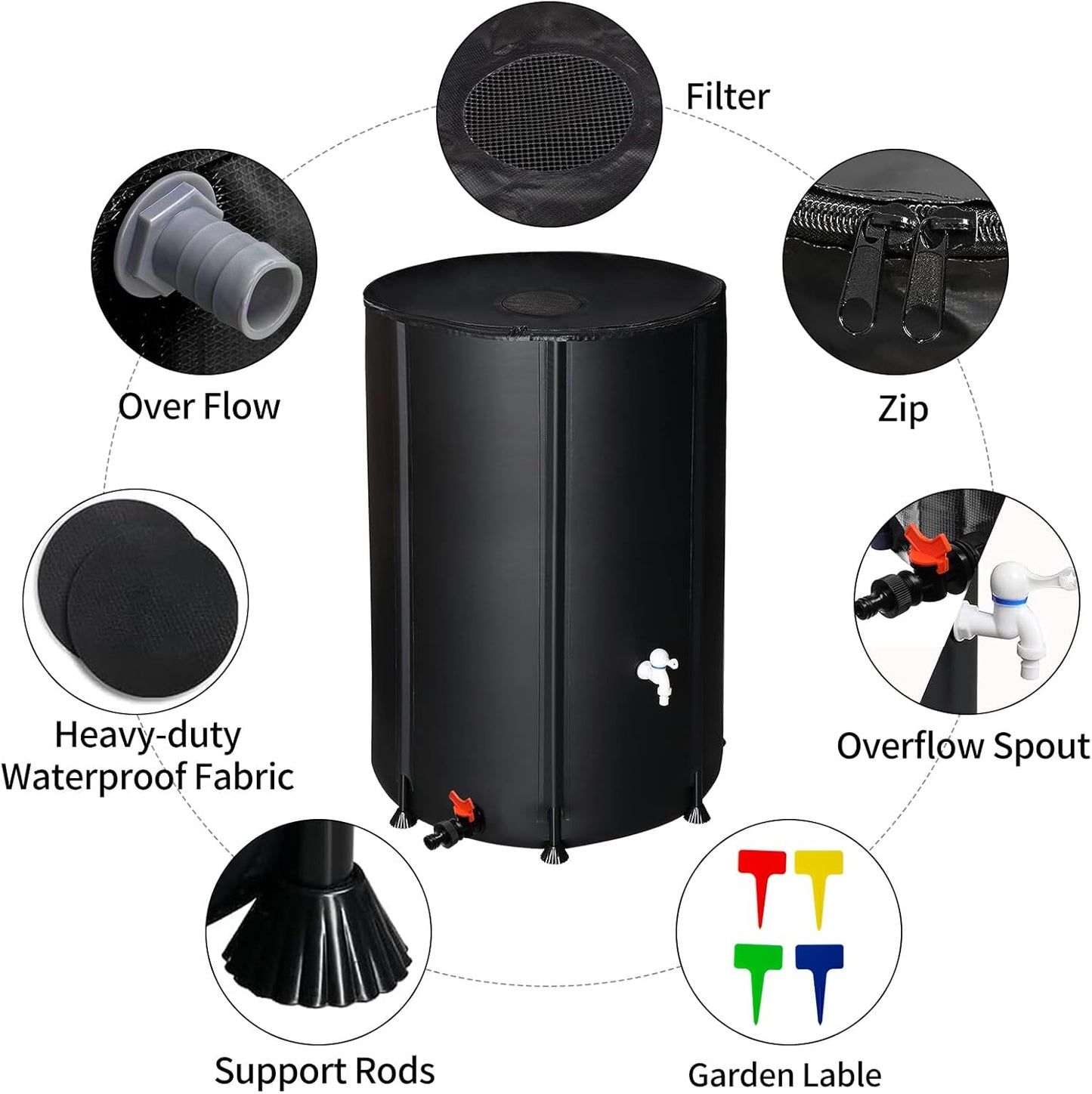100 Gallon Collapsible Rain Barrel, Portable Rainwater Collection System, Water Storage Tank, Rain Catcher Barrel with Two Spigots and Overflow Kit, Rain Water Barrel Collector for Garden, Black