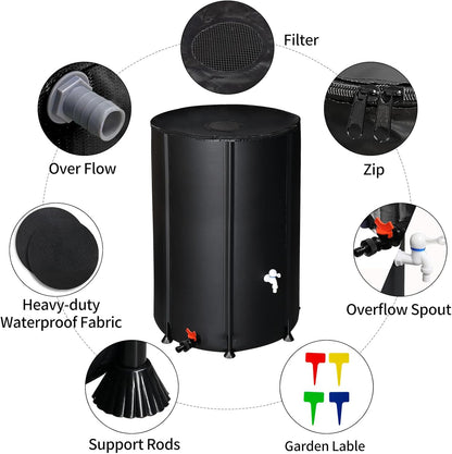 100 Gallon Collapsible Rain Barrel, Portable Rainwater Collection System, Water Storage Tank, Rain Catcher Barrel with Two Spigots and Overflow Kit, Rain Water Barrel Collector for Garden, Black