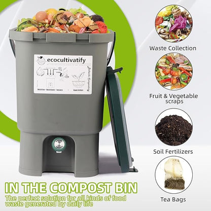 18.8L Bokashi Bucket with Snap-Locked Lid, 5 Gallon Compost Bin, Kitchen Composter with Bran, Kitchen Compost Pail, ecocultivatify Bokashi Kit Set with Starter (Grey & Dark Green)