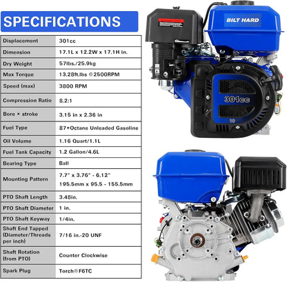BILT HARD 301cc 10HP Gas Powered Engine, Horizontal 4 Stroke OHV Gas Motor, Shaft 1" Diameter, 3.48" Length, 1/4" Keyway, Replacement for Compressor, Log Splitter