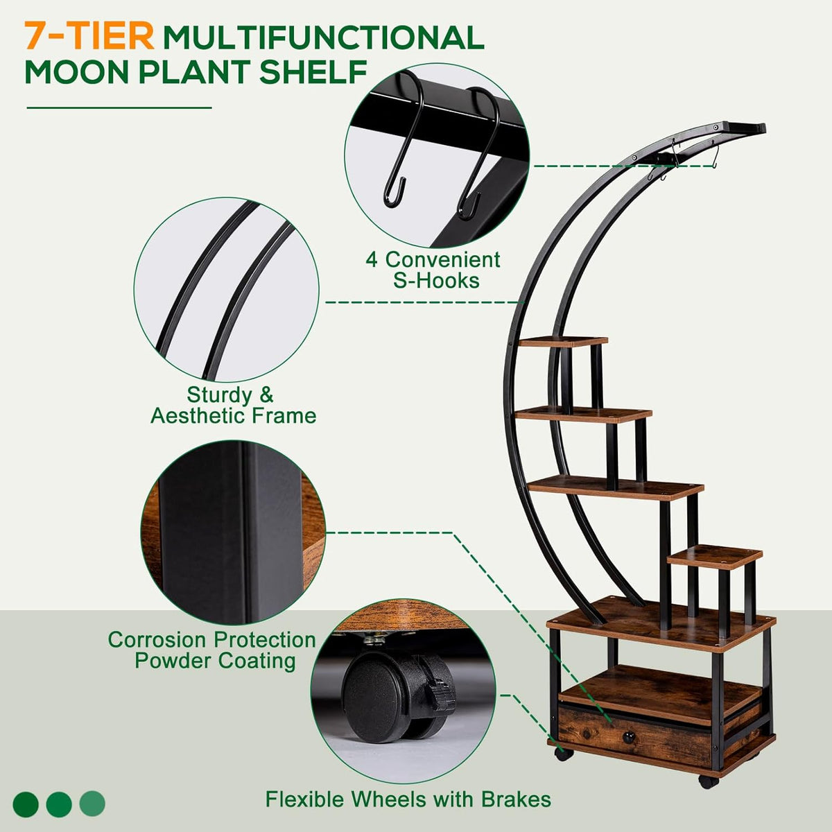 7-Tier Half Moon Indoor Plant Stand with Lockable Wheels, 71” Tall Plant Shelf with Drawer & Accessories, Plant Holder Display Rack for Multi-plants, Plant Rack for Patio Balcony Living Room (Half Moon)