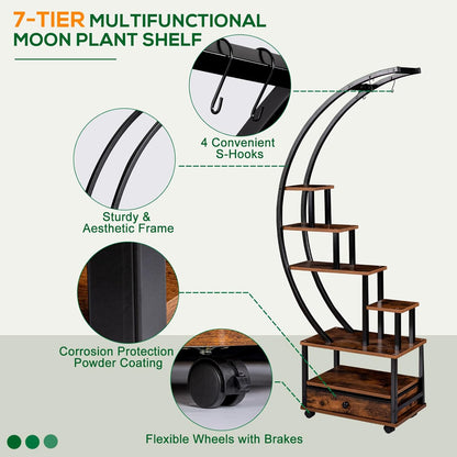 7-Tier Half Moon Indoor Plant Stand with Lockable Wheels, 71” Tall Plant Shelf with Drawer & Accessories, Plant Holder Display Rack for Multi-plants, Plant Rack for Patio Balcony Living Room (Half Moon)