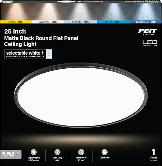 Feit Electric 25in Selectable White Ceiling Light, 2500 Lumens, 5 Color Temperatures (2700K-6500K), Dimmable, 36W Flush Mount, Perfect for Office, Kitchen, and Living Spaces, FM25LP6WYBK