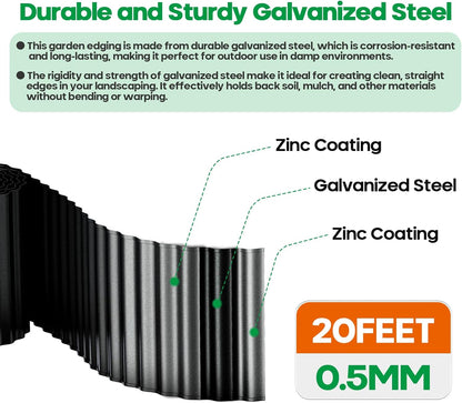 Corrugated Metal Garden Edging,Sturdy Tall Landscape Edging Borders with 6pcs Anchor Stakes, Perfect DIY for Flower Beds, Lawn and Pathway,Tree Surrounds,Paver Edges (Black 10"×20FT)