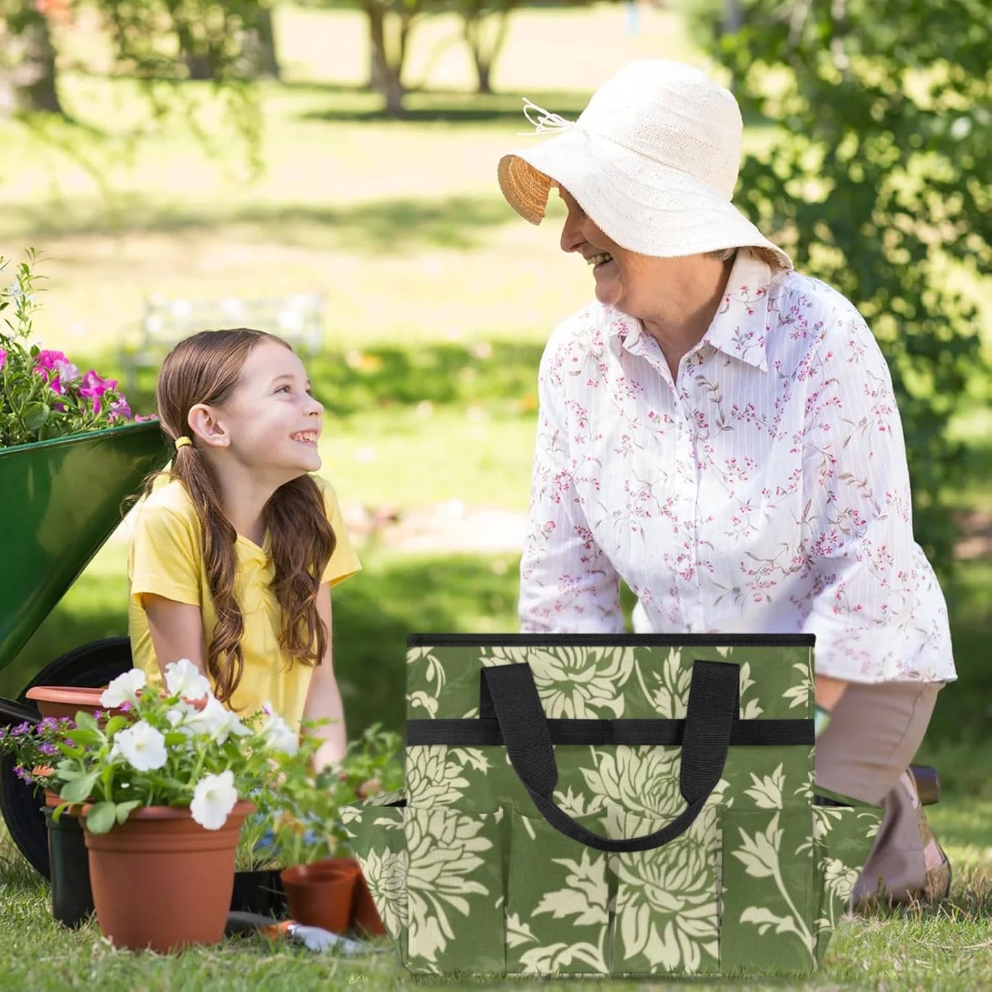 Spring Leaves Gardening Tool Bag,Heavy Duty Garden Tote Bag,Portable Oxford Gardening Storage Basket Organizer Handbag with Pockets Handle,Hand Tools Gifts for Outdoor Garden Lawn Yard