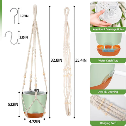 2-Pack Self-Watering Hanging Planters for Indoor & Outdoor Plants,34-Inch macrame hanger plant pots indoor with drainage,5.7-Inch Small Hanging Planters & Baskets in Green,With two sets of hooks