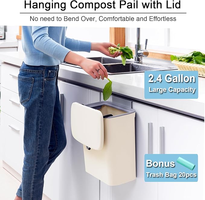 Tiyafuro 2.4 Gallon Kitchen Compost Bin for Counter Top or Under Sink, Hanging Small Trash Can with Lid for Cupboard/Bathroom/Bedroom/Office/Camping, Mountable Indoor Compost Bucket, Beige