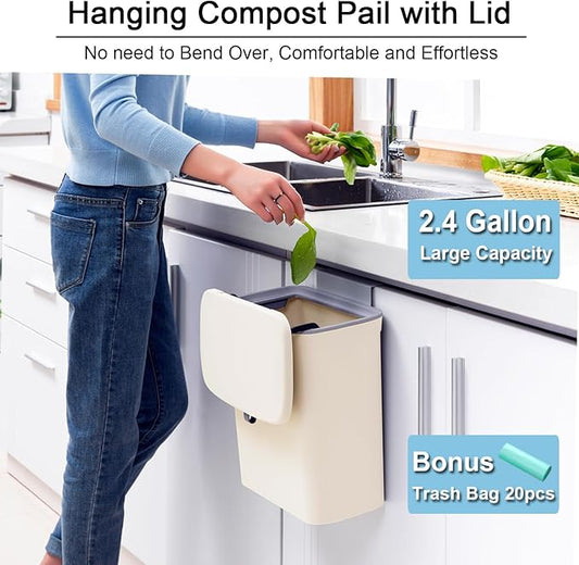 Tiyafuro 2.4 Gallon Kitchen Compost Bin for Counter Top or Under Sink, Hanging Small Trash Can with Lid for Cupboard/Bathroom/Bedroom/Office/Camping, Mountable Indoor Compost Bucket, Beige