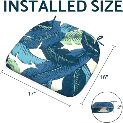 Indoor/Outdoor Chair Cushions 16x17 Inch, Patio Chair Cushions with Ties, All Weather Seat Cushions for Patio Furniture Home Garden Chair Use, Set of 2, Swaying Palms Blue