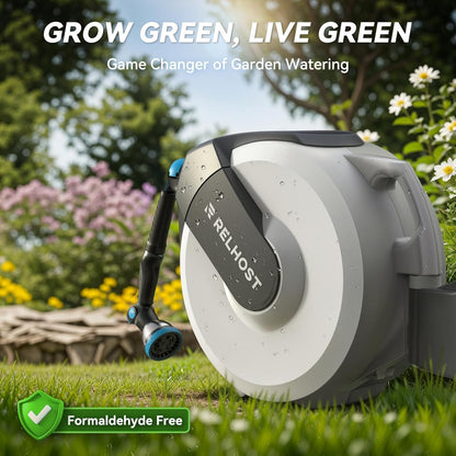 Retractable Garden Hose Reel - 100 ft x 5/8 in Heavy Duty Wall Mount with Auto Rewind, Any Length Lock, 180° Swivel Bracket & 10-Pattern Nozzle (White & Grey)