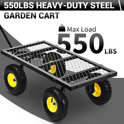 Heavy Duty Steel Garden Cart, 550LBS Pullable Metal Garden Wagon with 10" Wheels, 180° Rotating Handle and Removable Sides for Outdoor, Farm, Yard, Beach ﻿