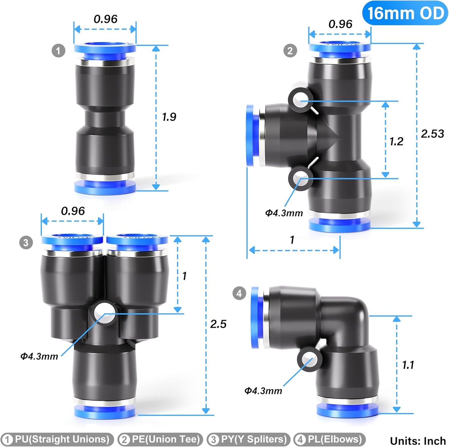 TAILONZ PNEUMATIC 16mm od Push to Connect Fittings Pneumatic Fittings Kit 5 Spliters+5 Elbows+5 tee+5 Straight (20 pcs)