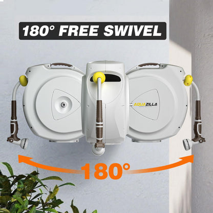 Retractable Garden Hose Reel, 1/2 in 120+6 ft, Heavy Duty Wall Mounted Water Hose Reel, Spring Power Automatic Rewind, Any Length Lock, 180° Swivel Bracket, 10 Pattern Spray Nozzle