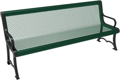 Heavy-Duty Outdoor Bench Thermoplastic Coated, Expanded Metal, Commercial-Grade Garden Bench, Made in America (Portable with Back, 6 Ft, Textured Dark Green)