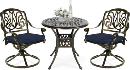 VIVIJASON 3-Piece Patio Furniture Dining Set, Outdoor All-Weather Cast Aluminum Bistro Set, Include 2 Swivel Chairs and 31" Round Table w/Umbrella Hole for Balcony, Lawn, Garden (Navy Blue Cushion)