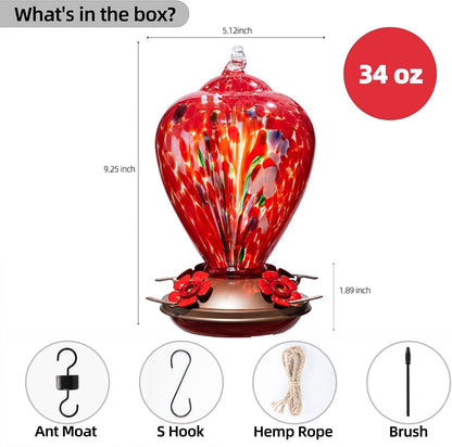 2 Packs Hummingbird Feeder for Outdoors Hanging, 34OZ & 32OZ Hand Blown Glass Hummingbird Feeders for Outside, Red & Teal