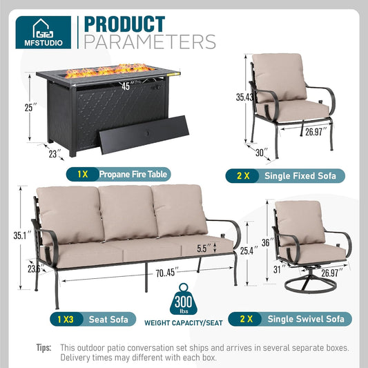 MFSTUDIO 7 Seats Metal Patio Furniture Sets, 6 Pieces Outdoor Sectional Sofa Conversation Set with 2 x Swivel Chairs, 2 x Fixed Chairs, 1 x 3-seat Sofa and 1 x 45 inches Rectangular Fire Pit Table