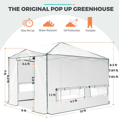 EAGLE PEAK Instant Pop-up Greenhouse, Indoor Outdoor Plant Gardening Green House, Roll-Up Zipper Doors and Side Windows, Walk in 12x8 ft, White/Clear