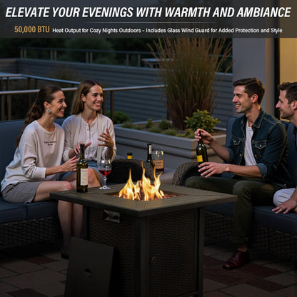 5 Piece Outdoor Patio Furniture Set with 50000 BTU Propane Fire Pit Table, Deep Seating Wicker Swivel Rocker Chairs and Loveseat Glider Patio Conversation Set for Deck Poolside Backyard