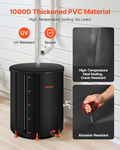VEVOR Collapsible Rain Barrel, 53 Gallon Portable Rain Water Collection Barrel, 1000D PVC Rainwater Collection System, Garden Water Catcher Tank Storage Container with Spigot & Overflow Kit, Black