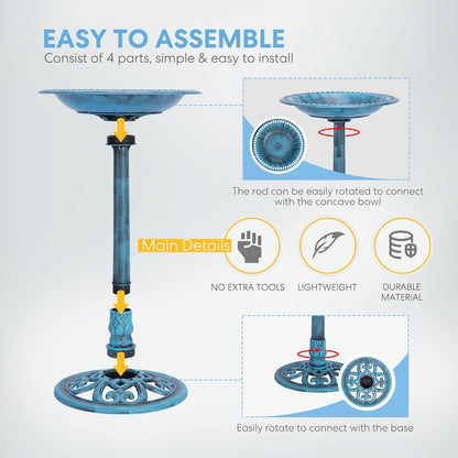 VIVOHOME Polyresin Antique Outdoor Blue Garden Bird Bath and Solar Powered Round Pond Fountain Combo Set
