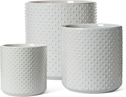LE TAUCI Ceramic Plant Pots Indoor, 10+8+6 Inch Planters for Indoor Plants, Raised Dots Flower Pots with Drainage Hole and Plug, Cylinder Round Planters, Set of 3, Glaze Star Gray