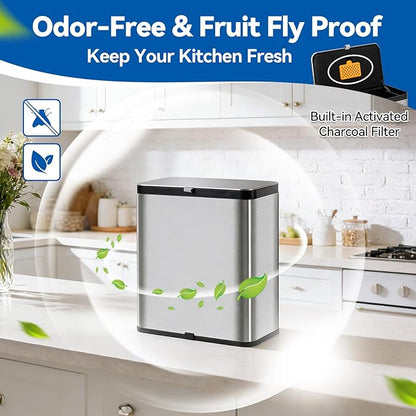 Compost Bin Kitchen, 2.1 Gallon Stainless Steel Trash Can with Lid for Countertop or Under Sink, Hanging Small Trash Bin, Removable Inner Bucket, Built-in Filter, 60 Compostable Garbage Bags
