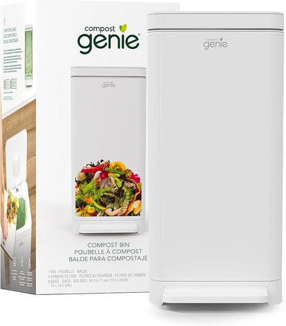 Kitchen Compost Bin, White Stainless-Steel Large, 3.6 Gallon, Indoor Odorless Composting, Hands-Free, Washable Parts, Includes 8 Tear-Off Compostable Bags and 4 Carbon Filters