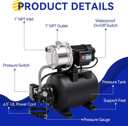 Acquaer 1.6 HP Shallow Well Pump with Pressure Tank, Stainless Steel, 1320 GPH 115V Irrigation, Automatic Water Booster Jet Pump for Home, Garden, Lawn