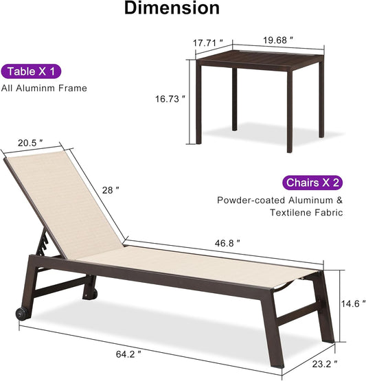 PURPLE LEAF Patio Chaise Lounge Set of 3, Outdoor Chaise Lounge with Adjustable Backrest and Wheels for Deck, Pool, Lawn, Garden, Waterproof & Easy Assembly, Cream