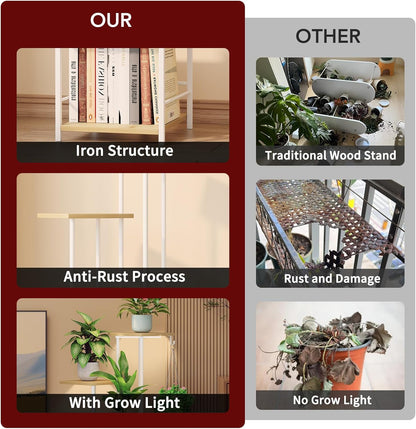 Plant Stand Indoor with Grow Light, 5-Tiered Tall Plant Stand Indoor, Metal Plant Shelf with Hanging Basket Hook and Adjustable Light, Ideal for Living Room, Garden, Patio (Maple)